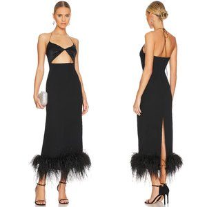 NEW MANURI Jessie Midi Dress Black Silk Satin Feather Cutout Maxi Formal Small